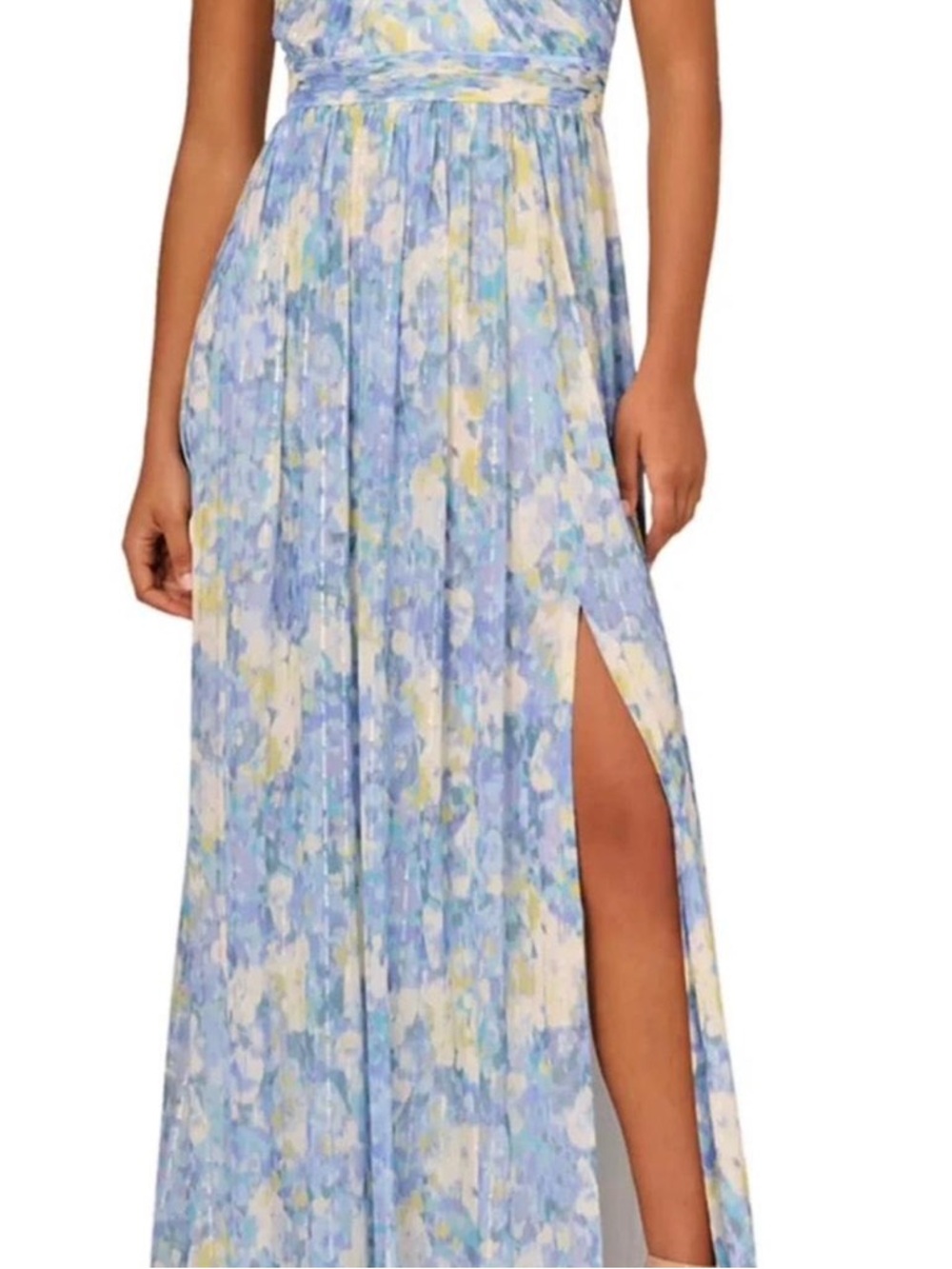 Adrianna Papell Light Blue and Cream Floral Pleated Maxi Skirt with Side Slit
